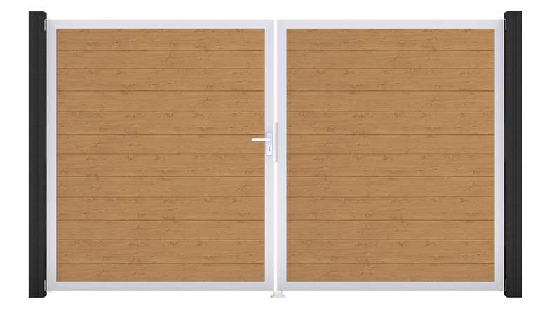 planeo Gardence Simply Small - Porta in PVC - DIN sinistra a 2 ante in rovere naturale nodoso con telaio in alluminio argento | EV1 300 x 180 cm