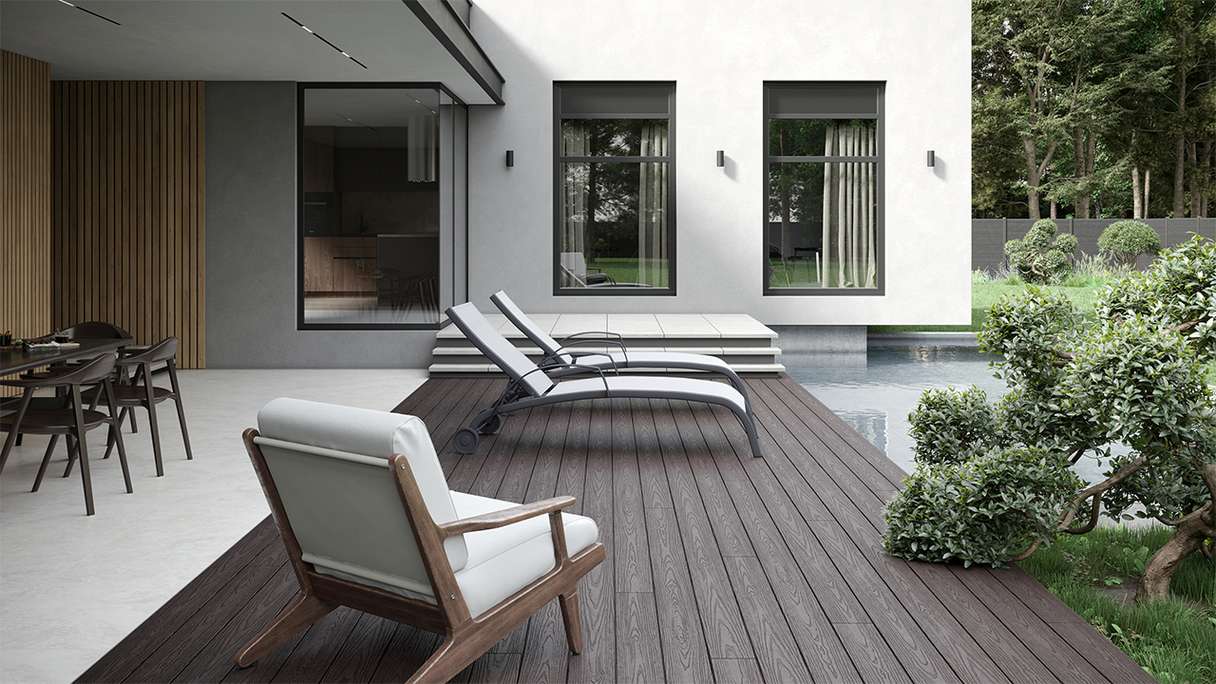 planeo CoEXWood Kit complet de terrasse en WPC Plancher massif - brun clair/brun foncé structuré