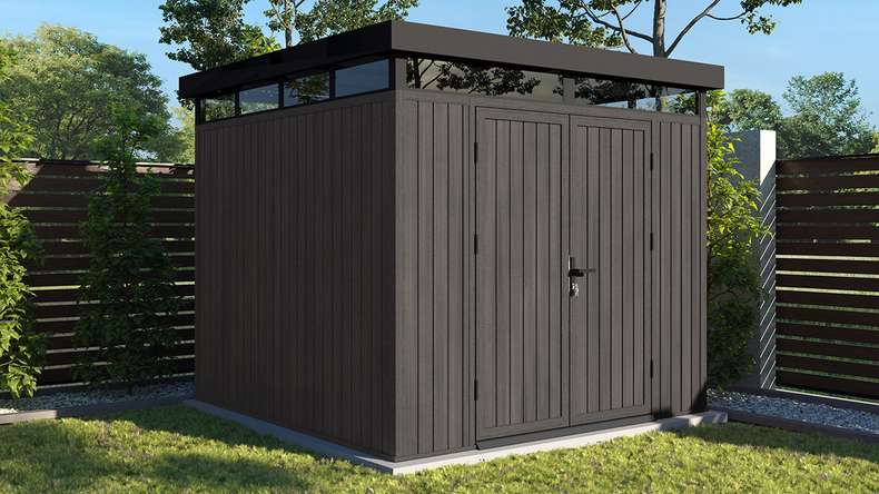 Abri de jardin planeo WPC CoEx à toit plat, modèle M - Gris foncé, 250 x 250 x 226,5 cm