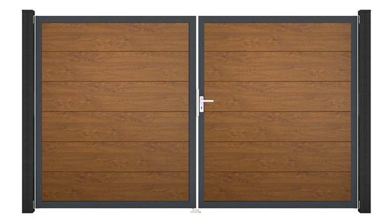 planeo Gardence Simply - PVC-Tor - DIN Rechts 2-flügelig Golden Oak mit Anthrazit-Alurahmen