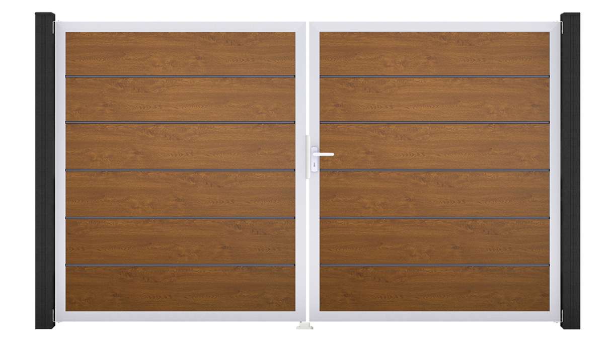 planeo Gardence Simply Premium - Portail en PVC à deux battants, coloris Golden Oak, avec cadre en aluminium, 300 x 180 cm