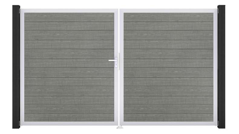 planeo Gardence Simply Small - PVC-Tor - DIN Links 2-flügelig Grey Ash Cut mit Silber-Alurahmen | EV1 300 x 180 cm
