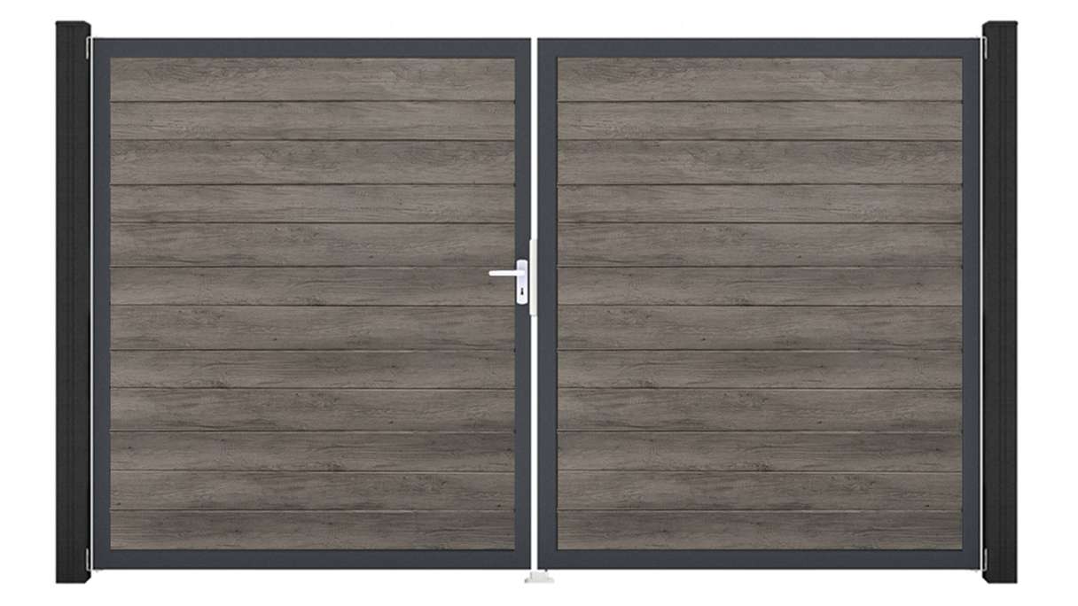 planeo Gardence Simply Small - Portail en PVC à deux vantaux, couleur Monument Oak, avec cadre en aluminium, 300 x 180 cm