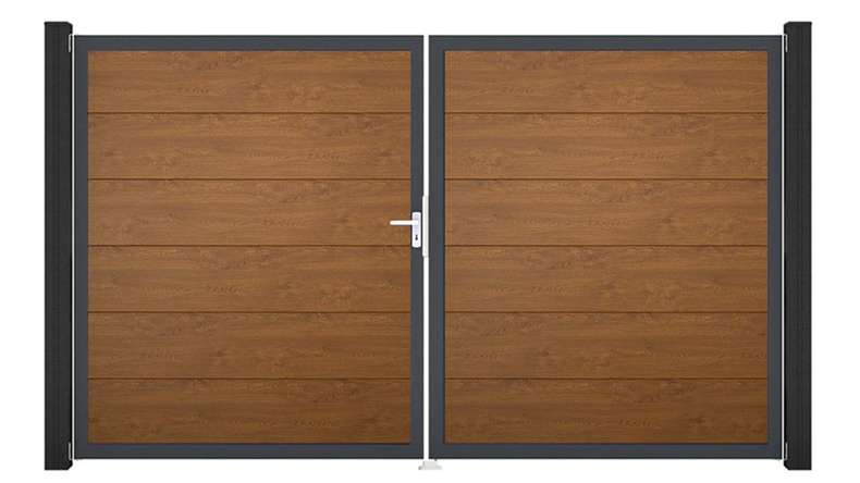 planeo Gardence Simply - Portail en PVC à deux vantaux, couleur Golden Oak, avec cadre en aluminium 