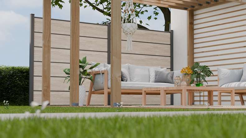 planeo Gardence Simply Premium - Clôture à emboîter en PVC Sheffield Oak light avec pilastres en anthracite 180 x 180 cm