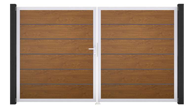 planeo Gardence Simply Premium - PVC-Tor - DIN Links 2-flügelig Golden Oak mit Silber-Alurahmen | EV1 300 x 180 cm