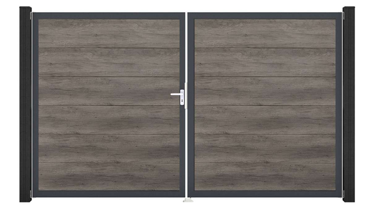 planeo Gardence Simply Guard - Cancello in PVC - a due ante, colore Monument Oak con telaio in alluminio, 300 x 180 cm