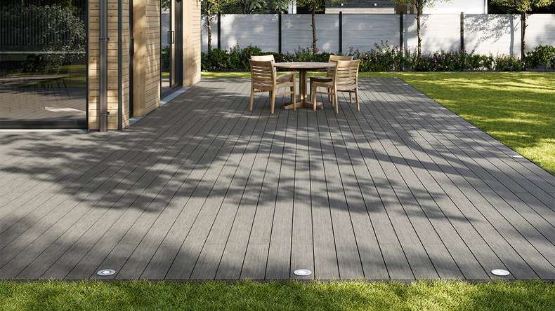 planeo AntikWood Lame de terrasse WPC massif - gris pierre 3.6m vieilli à l'ancienne