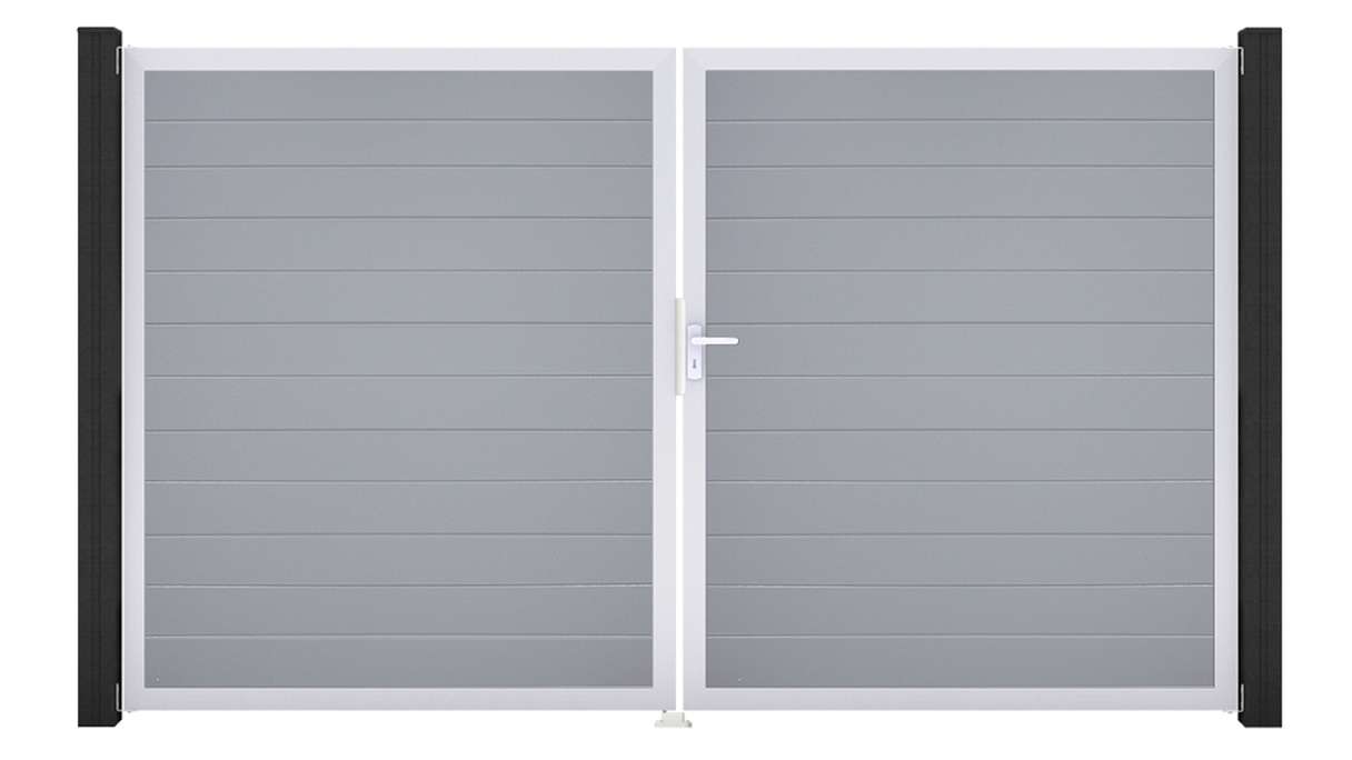 planeo Gardence Simply Small - Portail en PVC à deux vantaux, gris argenté, avec cadre en aluminium, 300 x 180 cm
