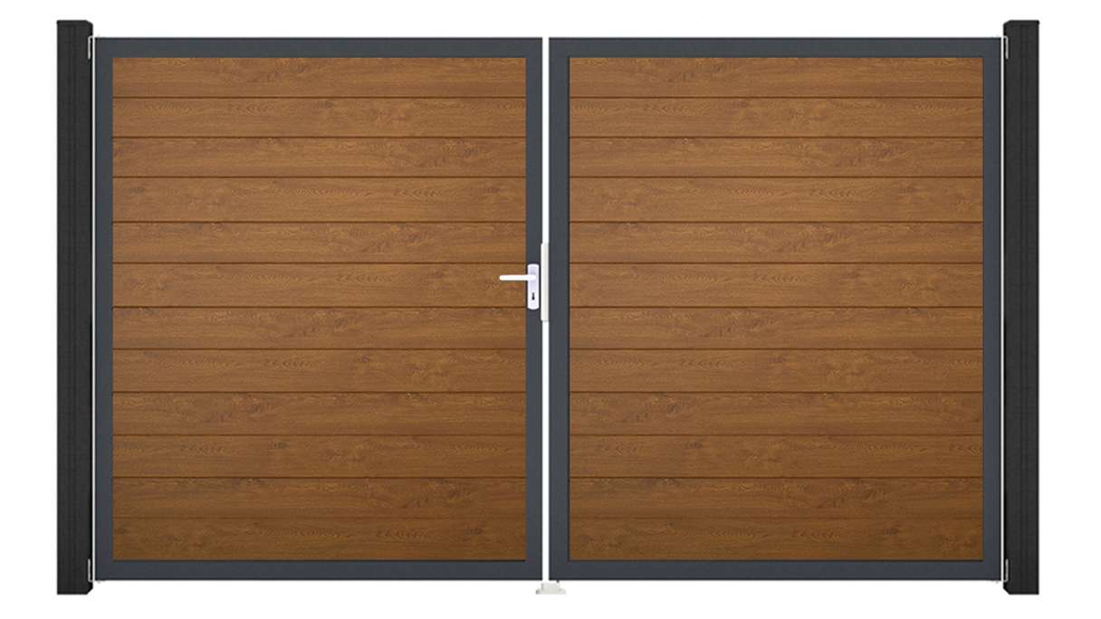 planeo Gardence Simply Small - Portail en PVC à deux vantaux, couleur Golden Oak, avec cadre en aluminium, 300 x 180 cm