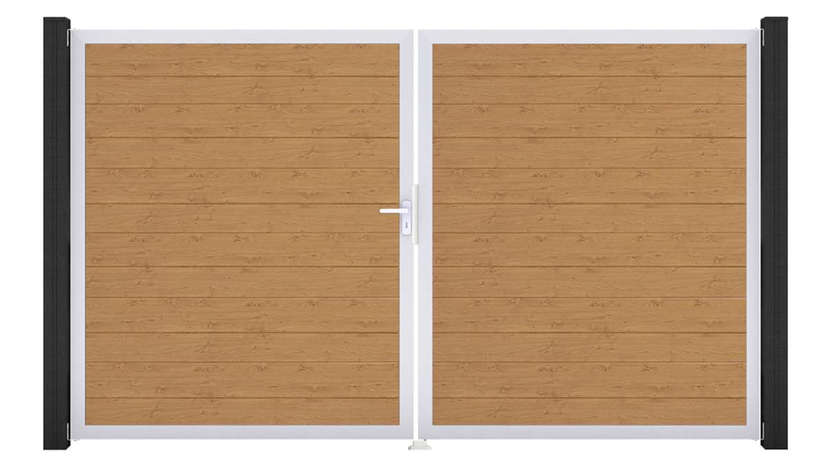 planeo Gardence Simply Small - Portail en PVC à deux battants, finition chêne naturel, avec cadre en aluminium, 300 x 180 cm