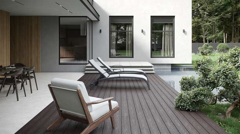 planeo CoEXWood Kit complet de terrasse en WPC Plancher massif - brun clair/brun foncé structuré