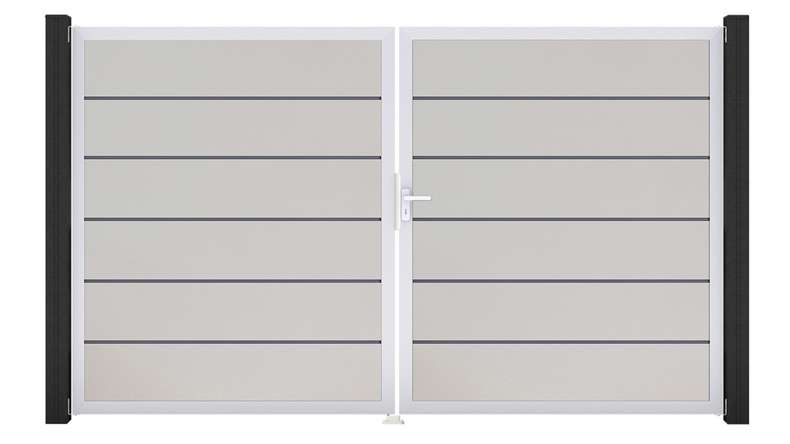 planeo Gardence Simply Premium - Porte PVC - DIN droite 2 vantaux blanc avec cadre alu argent | EV1 300 x 180 cm