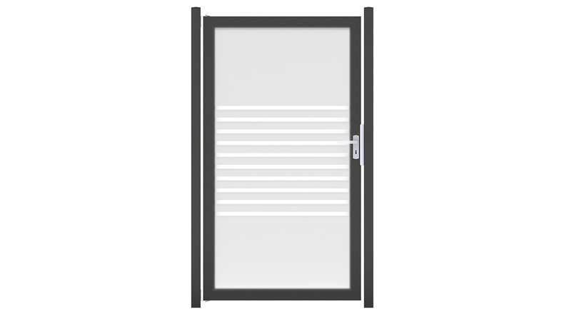 planeo Gardence Flair - Glas-Sichtschutz Tor DIN links Streifen mit Anthrazit-Alurahmen 100 x 180 cm