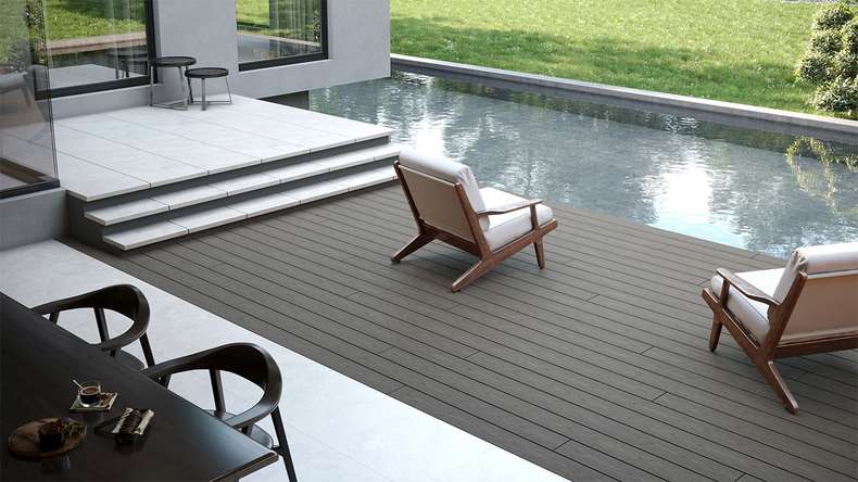 planeo CoEXWood Lame de terrasse WPC massif enrobé - gris/ciment 4.8m structuré