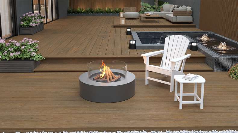 planeo MAXLine Nature - WPC CoEx lame de terrasse XL gainée chambre creuse - Burma Teak 3m structuré/lisse brossé