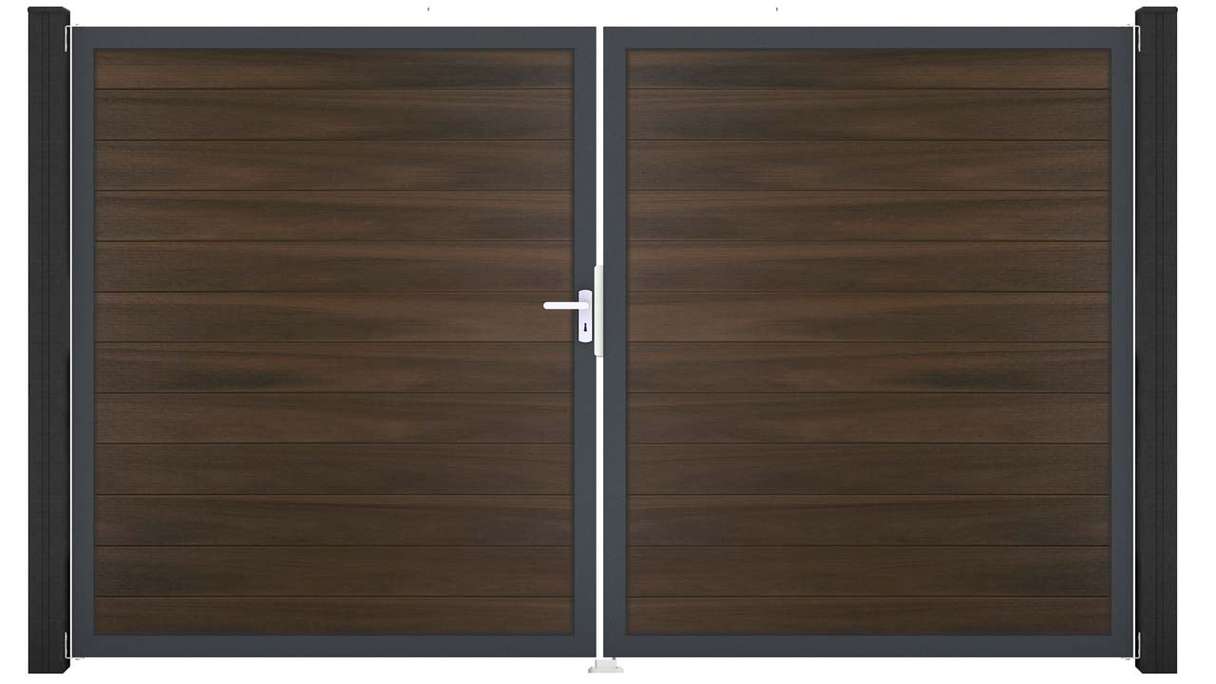 planeo Gardence Strong - Cancello BPC - a 2 ante, noce co-ex con telaio in alluminio