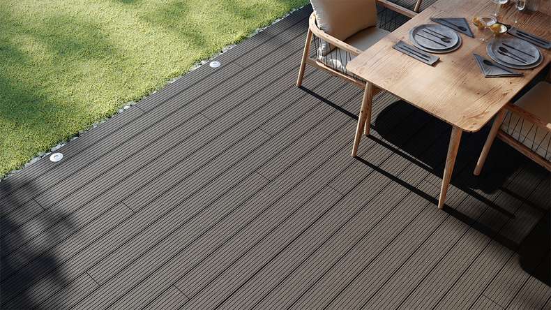 planeo LightWood Kit complet de terrasse WPC à lames creuses - gris foncé rainuré/cannelé