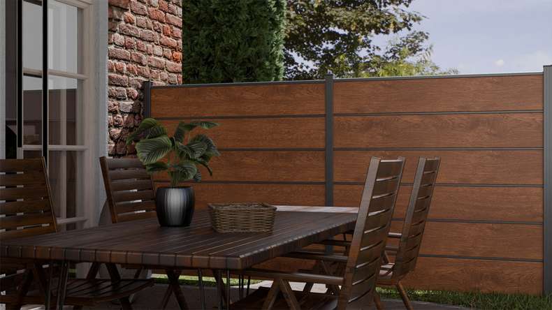 planeo Gardence Simply Premium - recinzione a innesto in PVC Rovere dorato con lesene in antracite 180 x 180 cm