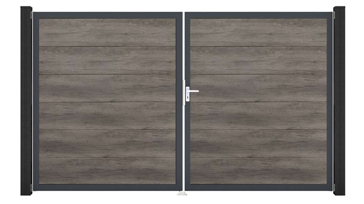 planeo Gardence Simply Guard - Cancello in PVC - a due ante, colore Monument Oak con telaio in alluminio, 300 x 180 cm