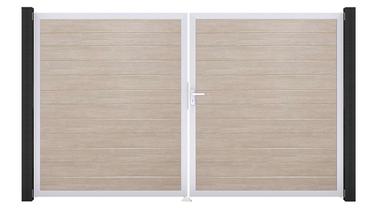 planeo Gardence Simply Small - Portail en PVC à deux vantaux, coloris Sheffield Oak, avec cadre en aluminium, 300 x 180 cm