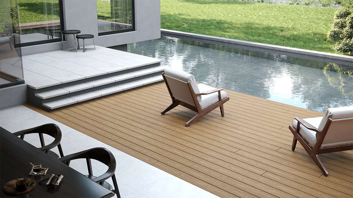 planeo CoEXWood Kit complet de terrasse en WPC Plancher massif - Sable/Caramel structuré
