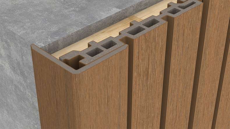 planeo LINEA - Angolo interno ed esterno in WPC CoEx, finitura teak birmano, 2900 x 55 x 55 mm