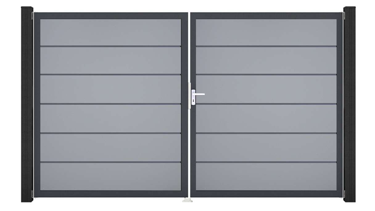 planeo Gardence Simply Premium - Portail en PVC à deux vantaux, gris argenté, avec cadre en aluminium, 300 x 180 cm