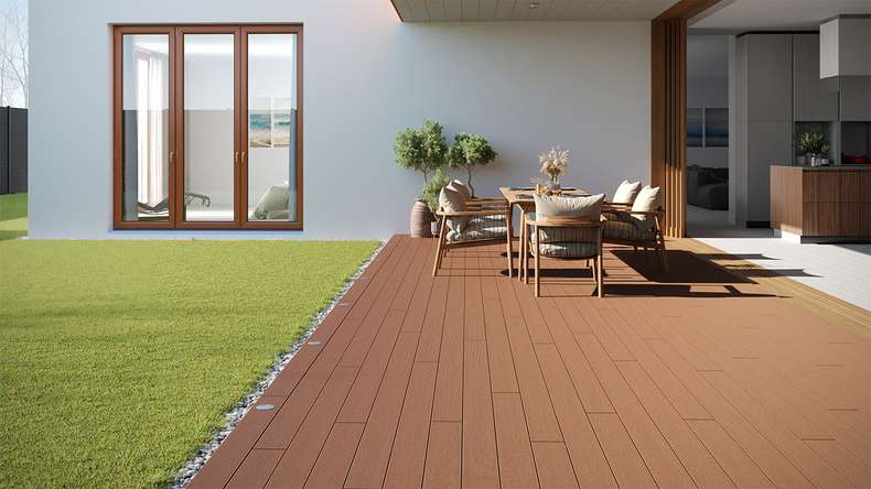planeo LineWood WPC Pannello per decking solido - Marrone chiaro 3,60m scanalato/scanalato