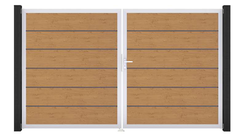 planeo Gardence Simply Premium - PVC-Tor - DIN Rechts 2-flügelig Asteiche Natur mit Silber-Alurahmen | EV1 300 x 180 cm