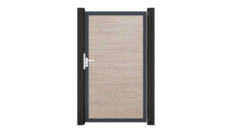 planeo Gardence Simply - Cancello universale in PVC Sheffield Oak con telaio in alluminio 100 x 180 cm