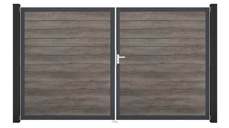 planeo Gardence Simply Small - Cancello in PVC a 2 ante, finitura Monument Oak con telaio in alluminio, 300 x 180 cm