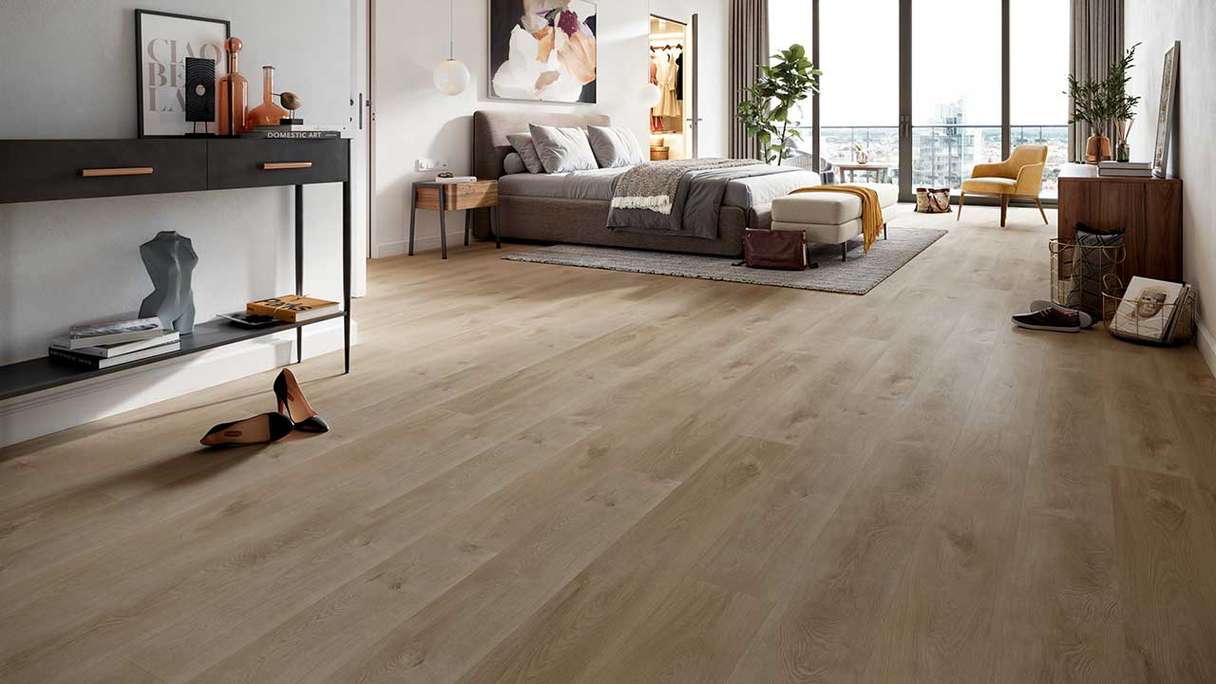 planeo Vinile rigido Klick - HOMEtec Basic 30 IXPE Rovere ambrato illuminato dal sole | Isolamento acustico integrato (RP-E30-5)