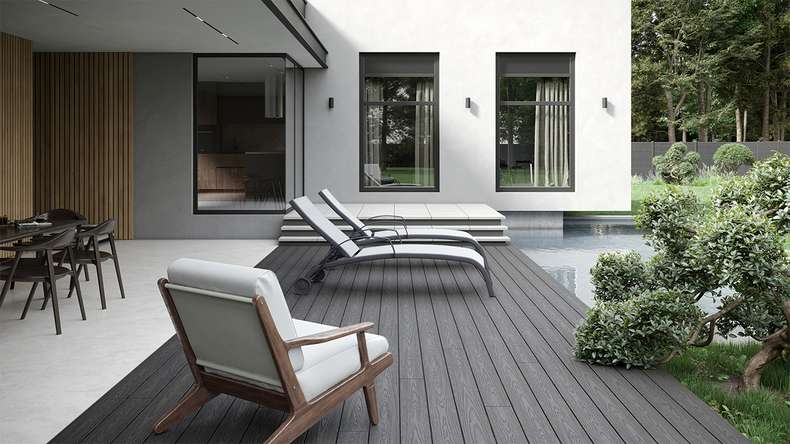 planeo CoEXWood WPC decking set completo di tavole massicce - cemento grigio/testurizzato