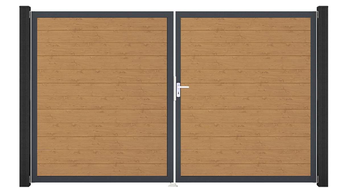 planeo Gardence Simply Small - Portail en PVC à deux battants, finition chêne naturel, avec cadre en aluminium, 300 x 180 cm