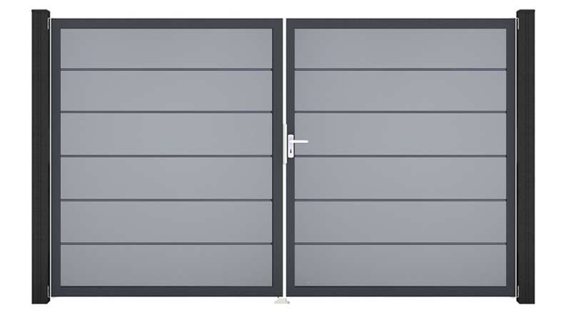planeo Gardence Simply Premium - Porte PVC - DIN droite 2 vantaux gris argenté avec cadre alu anthracite | DB703 300 x 180 cm