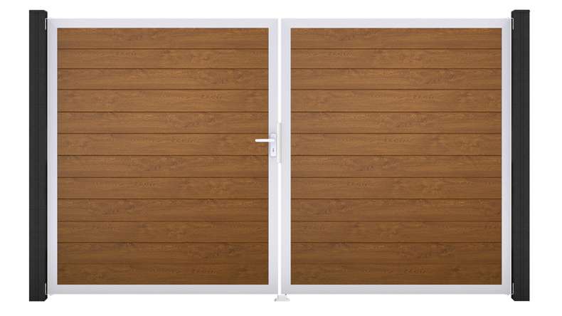 planeo Gardence Simply Small - Porte PVC - DIN gauche 2 vantaux Golden Oak avec cadre alu argent | EV1 300 x 180 cm
