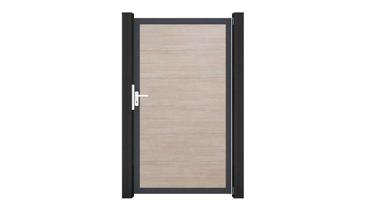 planeo Gardence Simply - Cancello universale in PVC Sheffield Oak con telaio in alluminio 100 x 180 cm