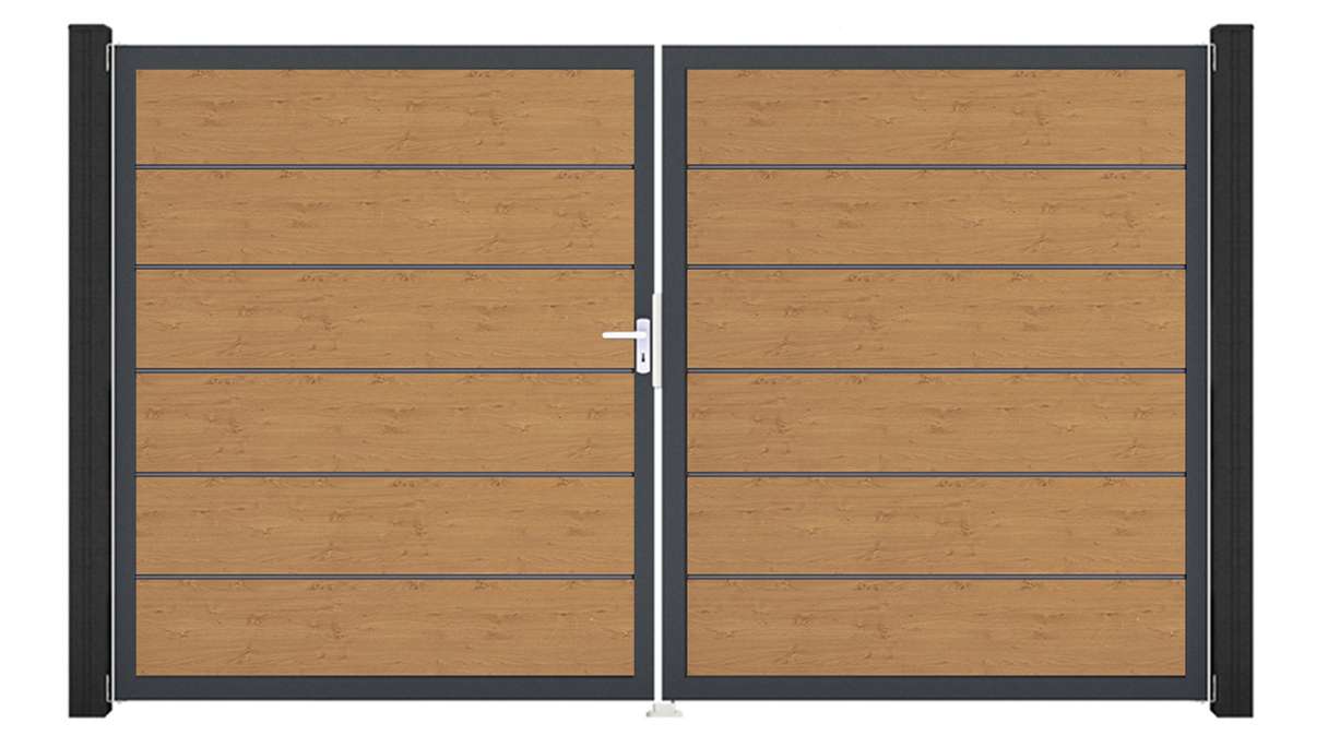 planeo Gardence Simply Premium - Portail en PVC à deux vantaux, finition chêne naturel, avec cadre en aluminium, 300 x 180 cm