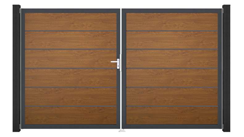 planeo Gardence Simply Premium - Cancello in PVC a 2 ante Golden Oak con telaio in alluminio 300 x 180 cm