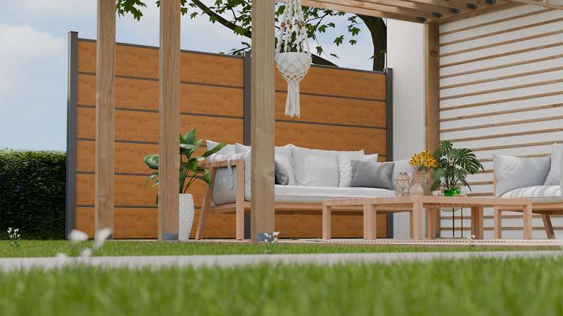 planeo Gardence Simply Premium - recinzione a innesto in PVC rovere nodoso naturale con lesene in antracite 180 x 180 cm