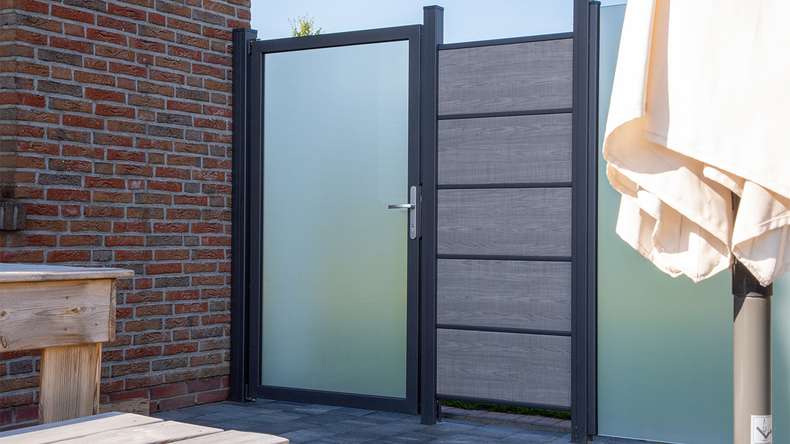 planeo Gardence Flair - Brise vue Verre Porte DIN gauche Satiné avec cadre en aluminium Anthracite 100 x 180 cm