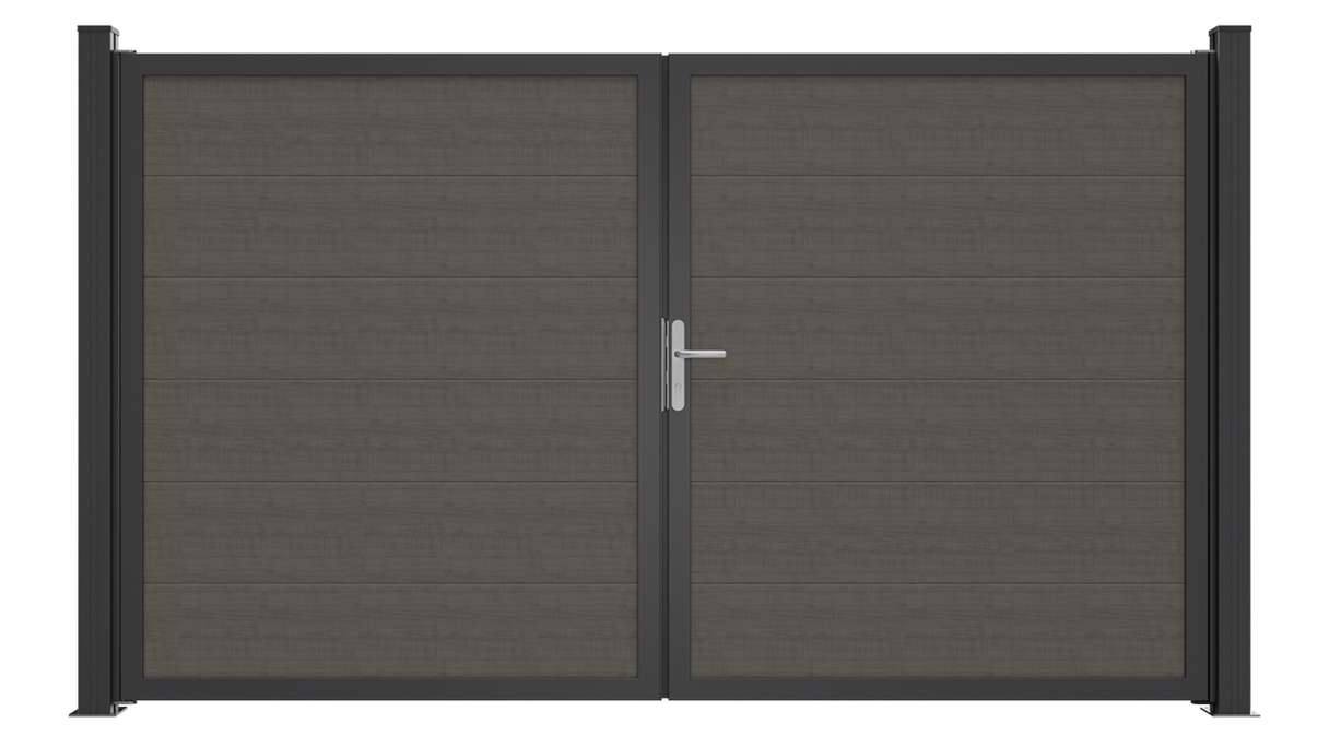 planeo Gardence Simply Guard - Portail en PVC - À deux vantaux, modèle « Grey Ash Cut » avec cadre en aluminium, 300 x 180 cm