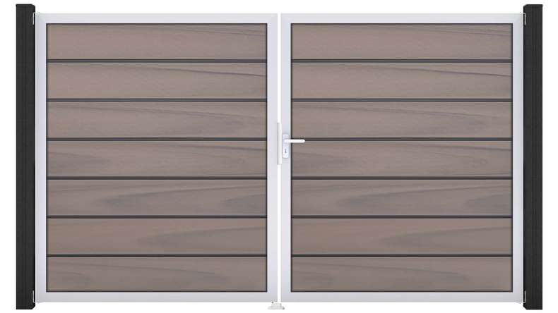 planeo Gardence Deluxe - Portail BPC - À deux vantaux, bicolore, co-extrudé, avec cadre en aluminium