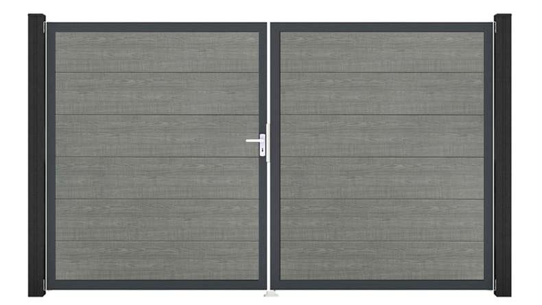 planeo Gardence Simply - Portail en PVC à deux battants « Grey Ash Cut » avec cadre en aluminium