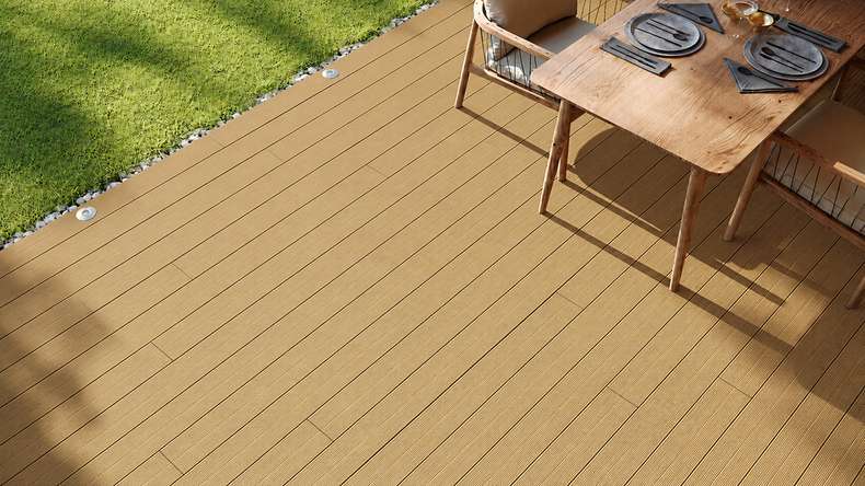 Lame de terrasse planeo LineWood en WPC massif - Brun terre, 3 m, rainurée/languetée