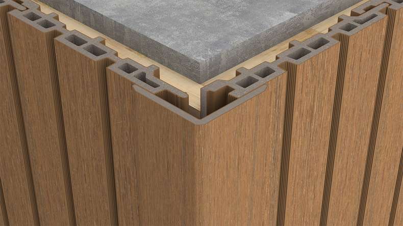 planeo LINEA - Angolo interno ed esterno in WPC CoEx, finitura teak birmano, 2900 x 55 x 55 mm