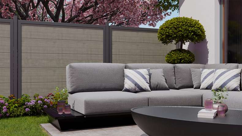 planeo Gardence Simply Guard - Recinzione da giardino in PVC Grigio Frassino Tagliato con telaio in alluminio antracite 180 x 180 cm