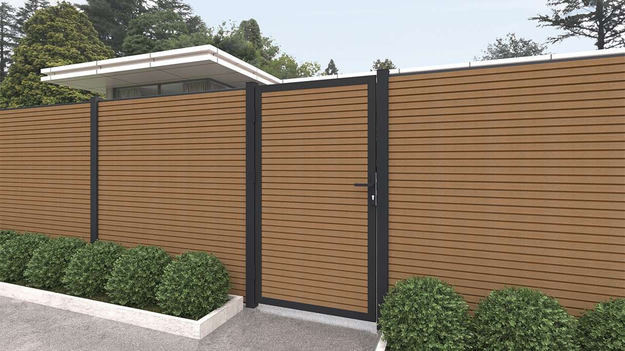 planeo LINEA - Porta universale in WPC CoEx Rhombus Teak Burma con telaio in alluminio antracite 100 x 180 cm