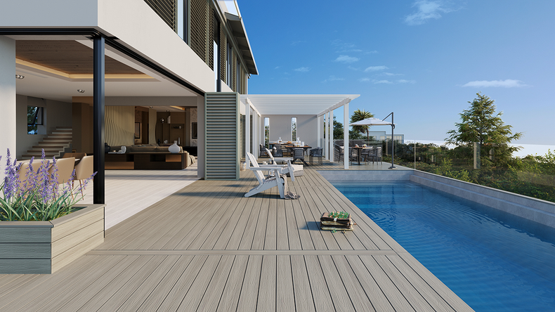 planeo UNIDeck - Listello per terrazza rivestito in WPC CoEx, grigio chiaro, 3 m - strutturato/liscio spazzolato